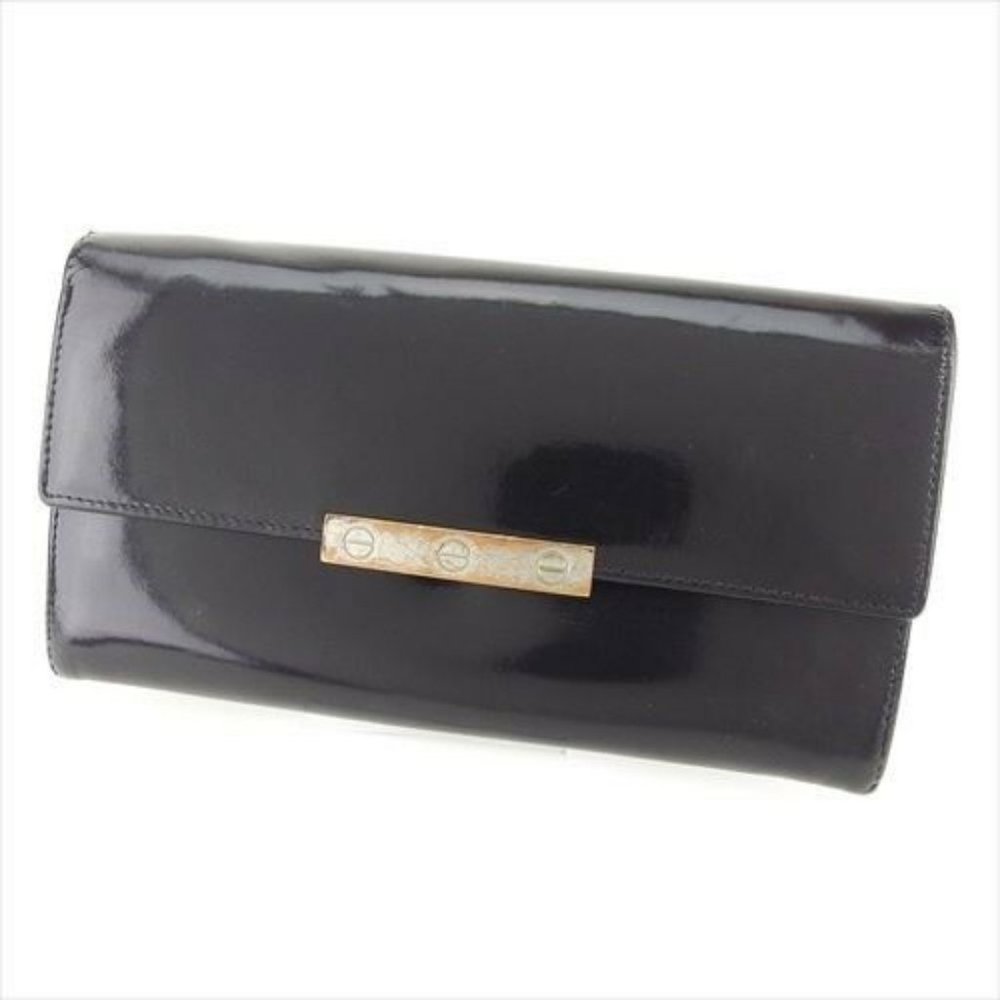 Cartier Wallet Purse Black Silver leather Woman unisex Authentic Used T8748
